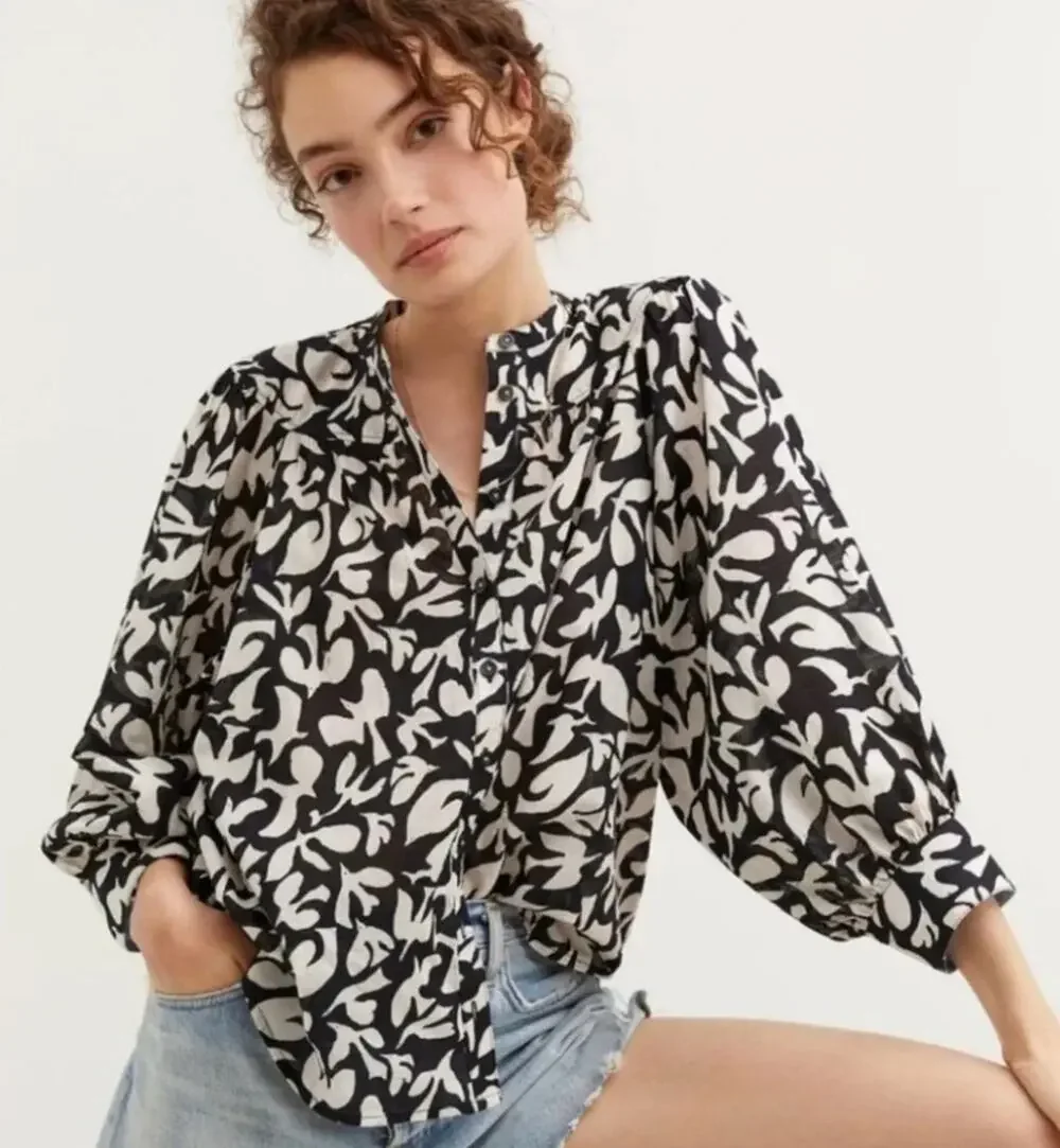 Anthropologie Danielle Kroll Womens XS Floral Puff Sleeve Blouse NEW Cotton
